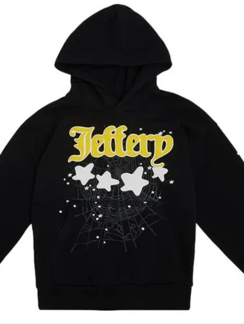 Black Hoodie with Yellow 'Jeffrey' Graphic and Star Web Design